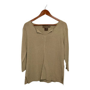 Double D Ranch Women's V-Neck Tight Knit Sweater Size Large Tan Linen Blend